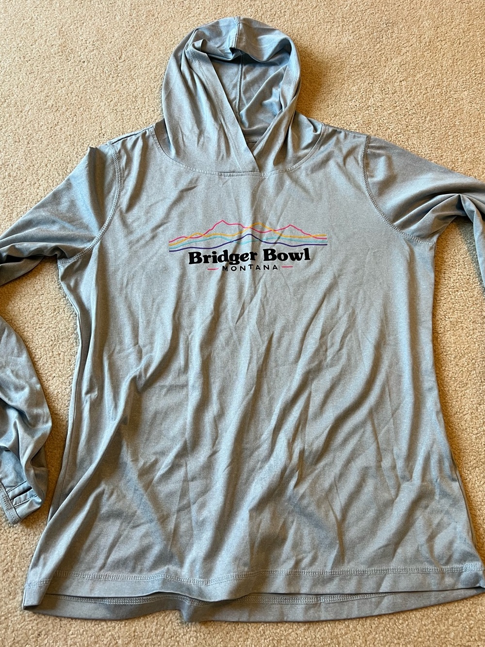 Bridger Bowl, Montana Hooded Long Sleeve Tee - Light Gray. Never worn